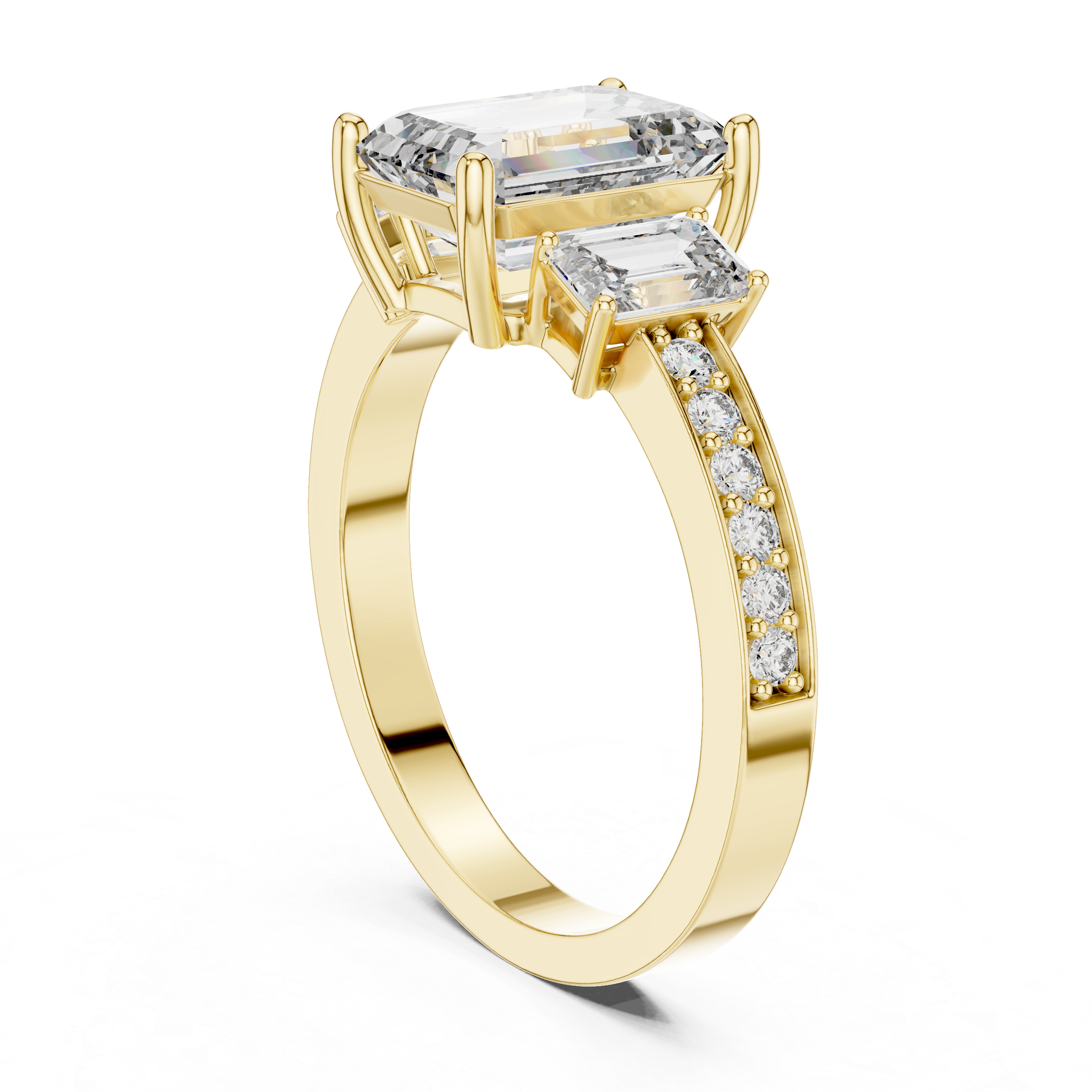 Gold ring with two large diamonds and smaller diamonds on a white background
